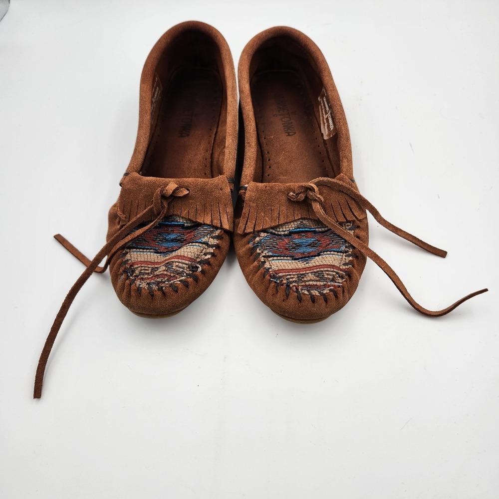 Minnetonka El paso Moc II Women 8 Moccasin Brown Suede Aztec Tassel Slip On Flat